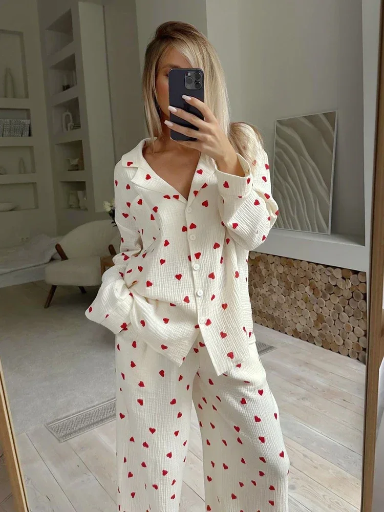 2024 Love Print Cotton Pajamas for Women Single-Breasted Pocket New in Women\'s Sleepwear Lapel Long Sleeve Woman Home Clothing