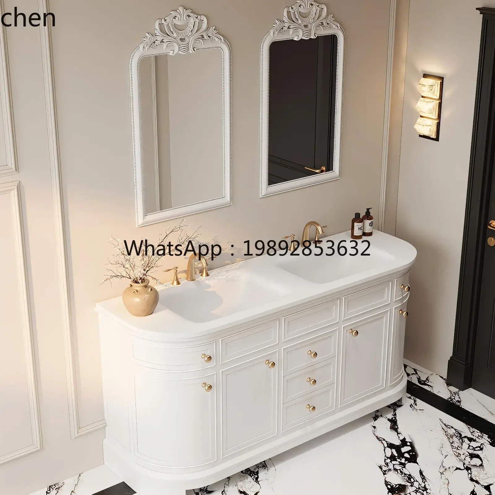

retro rock slab hot bending integrated basin floor-to-ceiling rubber wood arc bathroom cabinet