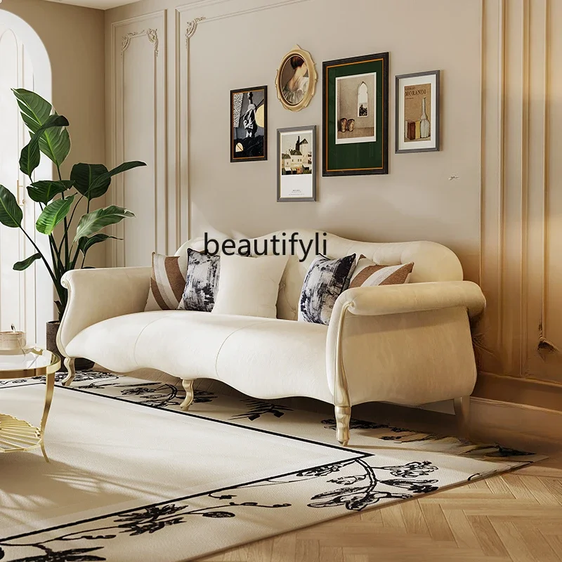 xxqAmerican light luxury solid wood sofa living room new straight row first layer cowhide leather sofa