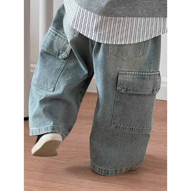Calças de brim das crianças coreanas soltas calças retas perna larga calças de carga para meninos meninas nova primavera outono criança denim bolso calças