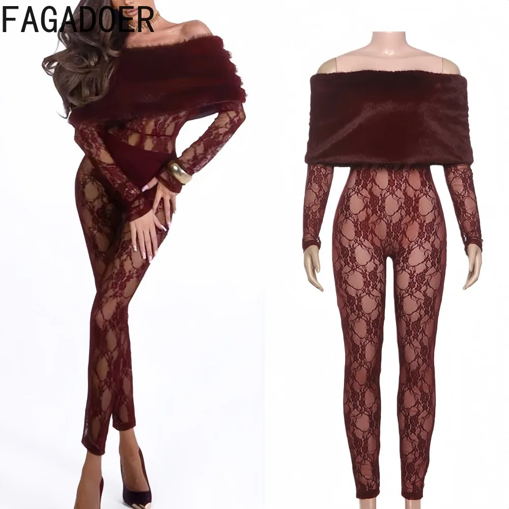

FAGADOER Sexy Lace Fur Patchwork Bodycon Jumpsuits Woman Off Showlder Backless Long Sleeves Rompers Female Streetwear Overalls