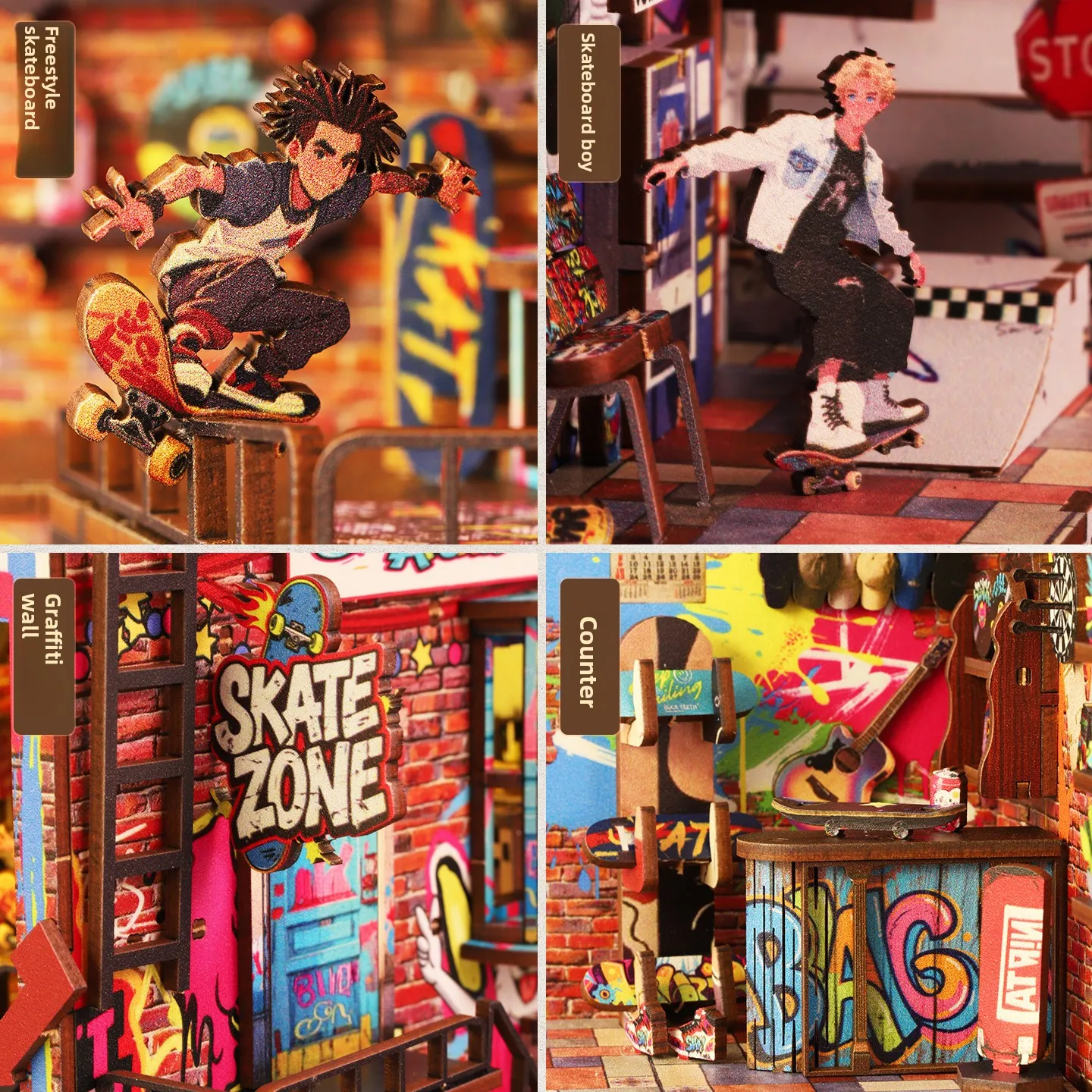 DIY Skateboard Competition Wooden Bookshelf Handmade 3D Puzzle Model Custom Assembly, Hand-Assembled Toy