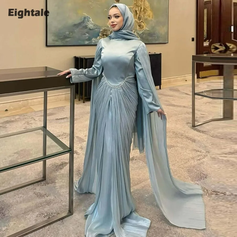 

Eightale Arabic Evening Dress O-Neck Beaded Pleats Crepe Customized Long Sleeves Mermaid Muslim Prom Wedding Party Gown