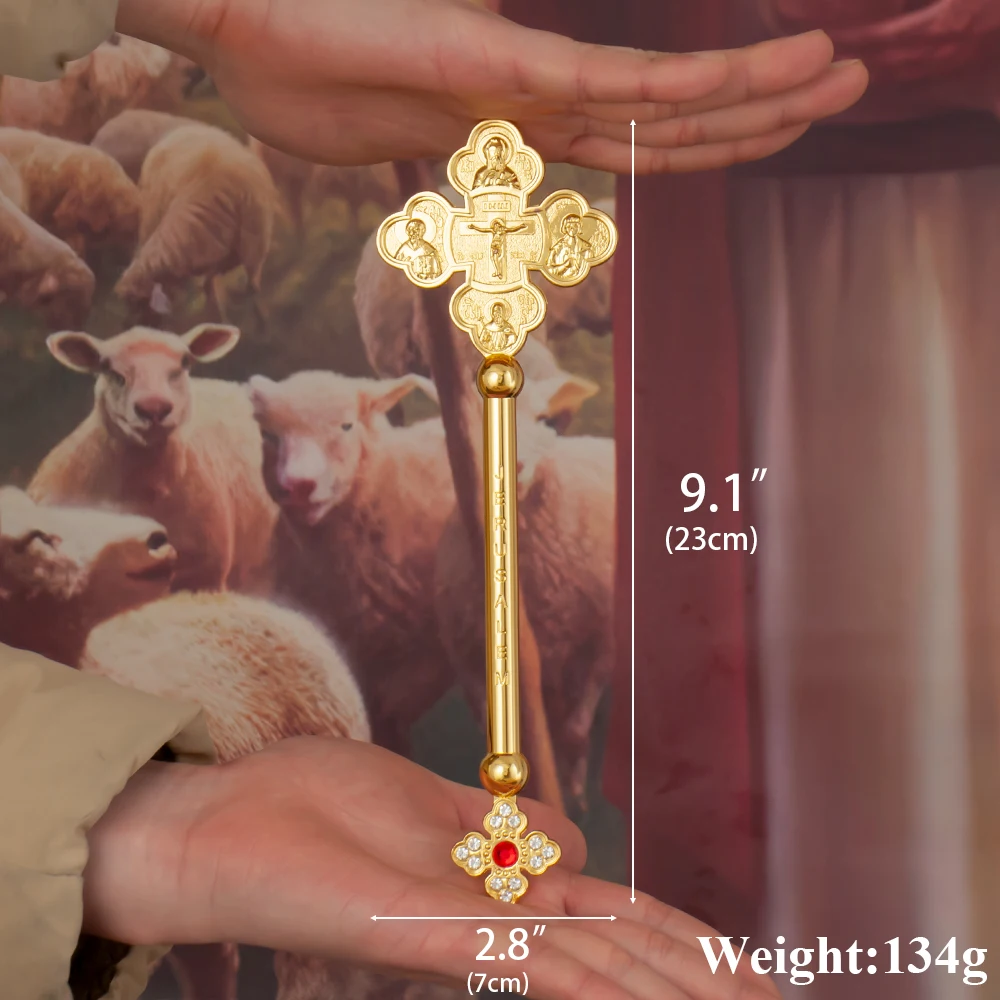 HTISOK Exquisite Jerusalem Pilgrim Cross Gold Religious Pendant with Red Gemstone Christian Symbol