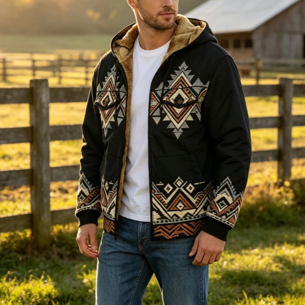 Men's Winter Aztec Fleece Lined Hooded Jacket Plus Size Ethnic Geometry Print Warm Coat Warm Outwear Casual Streetwear