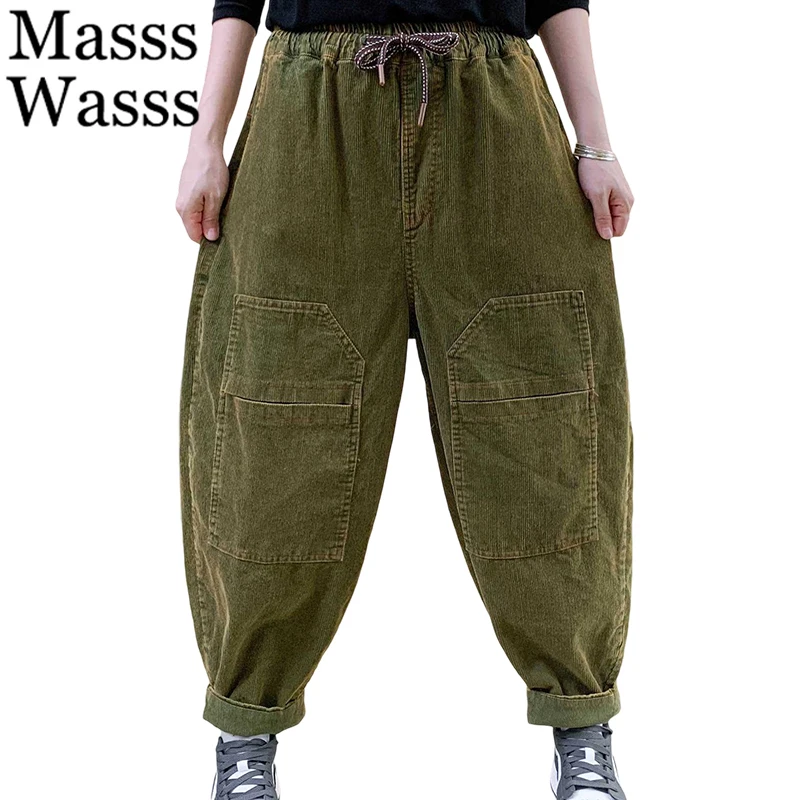 

Masss Wasss Designer Autumn Ladies Fashion Corduroy Pants Womens Casual Vintage Loose Classic Solid Elastic Waist Harem Trousers