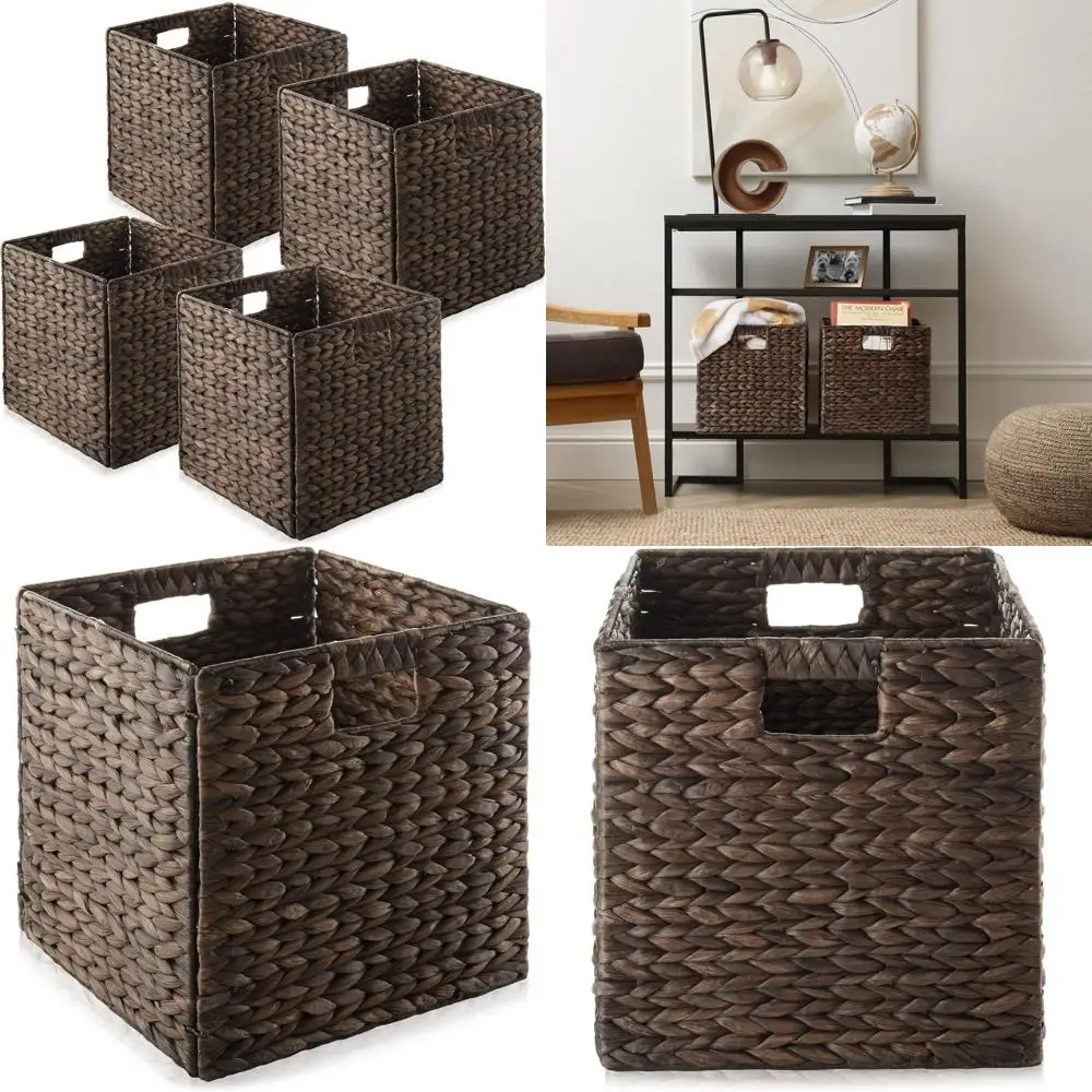 

Set of 4 Collapsible 12x12 Espresso Water Hyacinth Storage Baskets for Home Organization