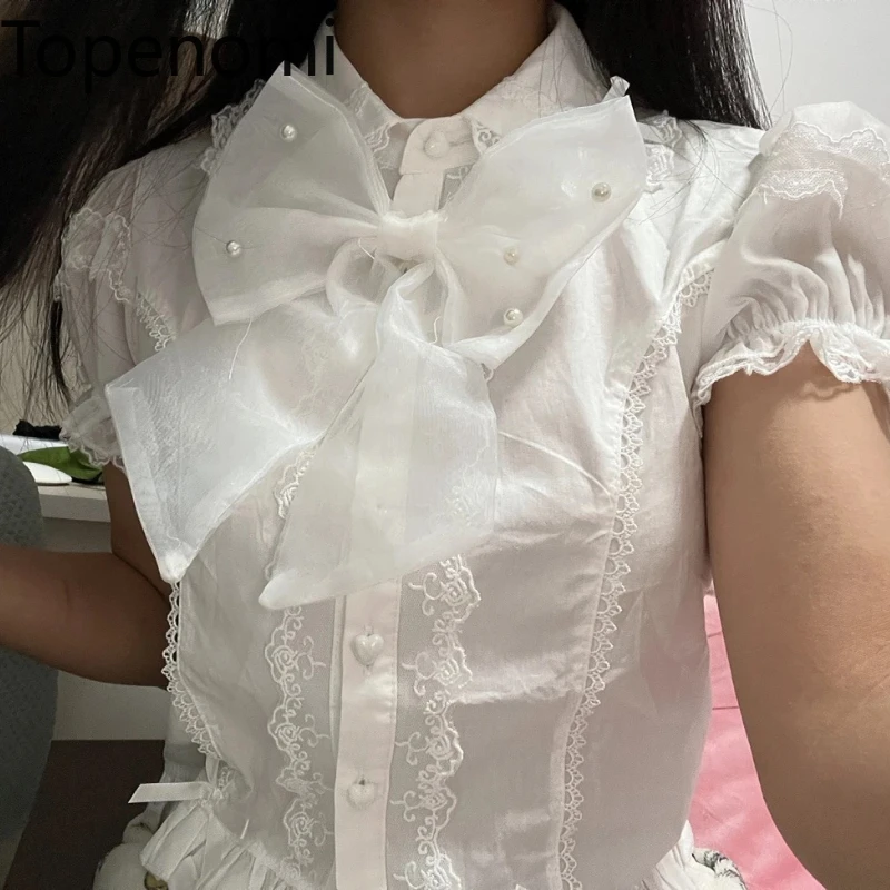 

Женская блузка Topenomi в стиле Лолита с коротким рукавом, японский стиль, кавайный дизайн, с бантом, кружевными вставками, на пуговицах, укороченный топ, однотонная, в стиле Y2K, шикарная рубашка