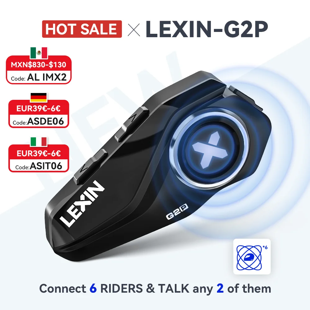 Nieuwe Lexin G2 motorfiets intercom helm Bluetooth-headsets, handsfree communicator tot 6 rijders interphone met FM-radio