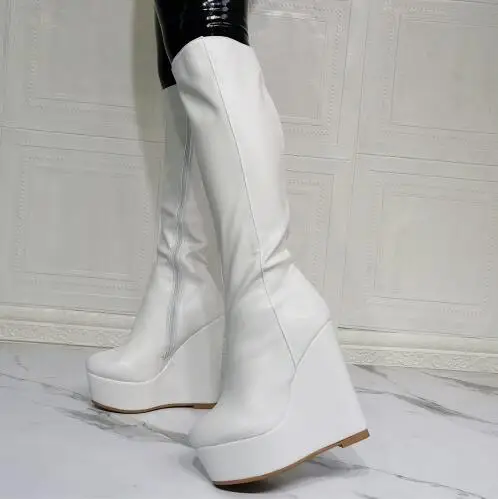 

Hot Ladies White Black Solid Matte Leather Round Toe Platform Wedges Knee High Boots Women Zipper Side Slim Long Boots Shoes
