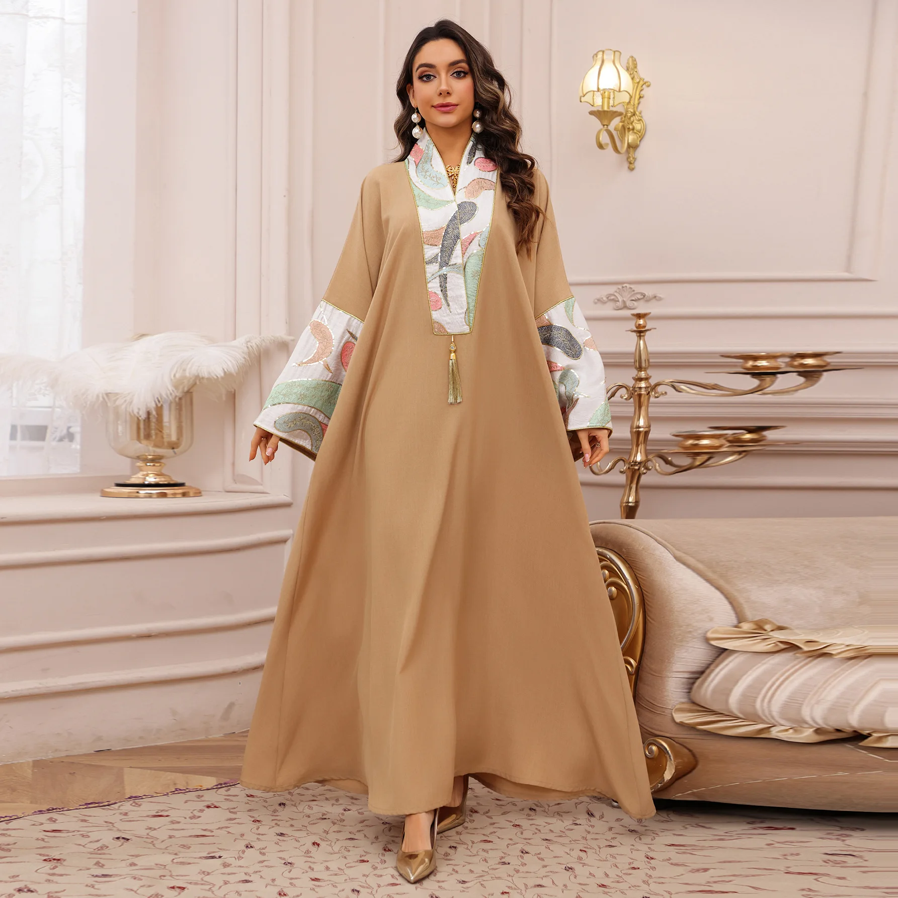

Embroidered Jalabiya Tasseled Patchwork Traditional Jalabiya Boho Longline Modest Jalabiya DubaiStyle Islamic Kaftan Abaya