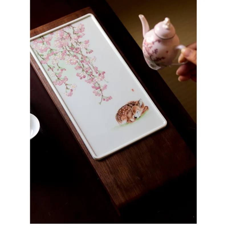 

Hand-painted, hanging cherry deer porcelain plate, black walnut pot holder