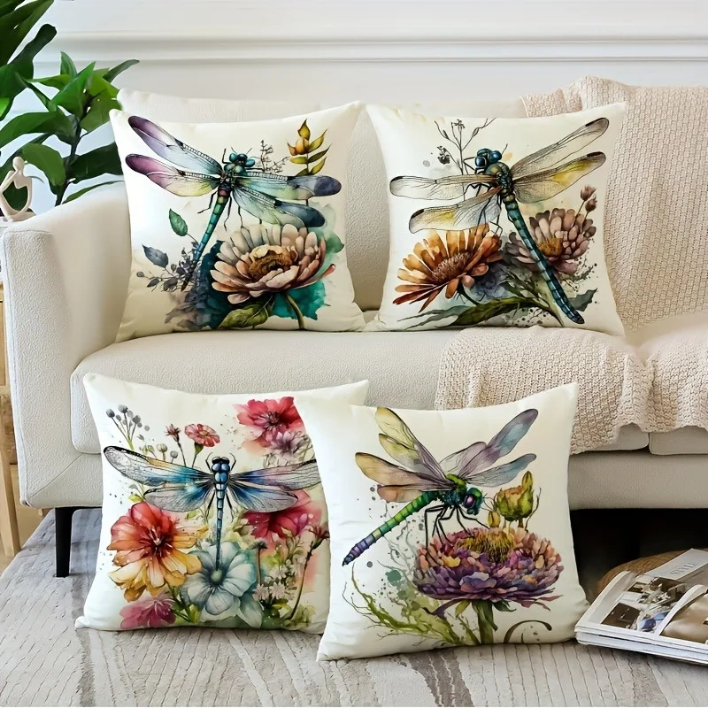 Dragonfly resting on flowers home decoration pillowcase bedroom living room sofa decoration polyester cushion cover with zipper