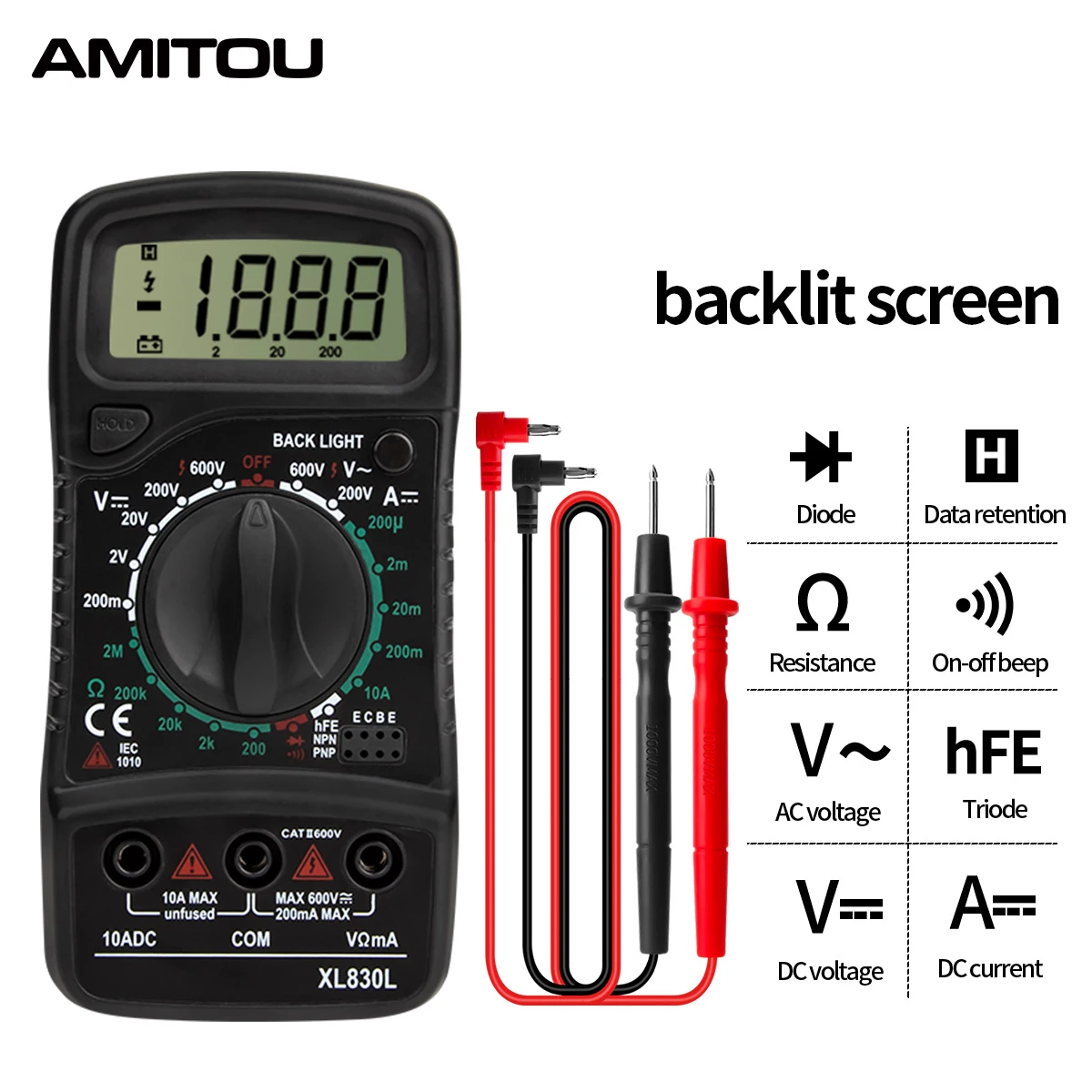 AMITOU 1999 Counts Multímetro Digital Profissional AC/DC Current Voltage Tester Capacitance Ohm Diode Meter with LCD Backlight