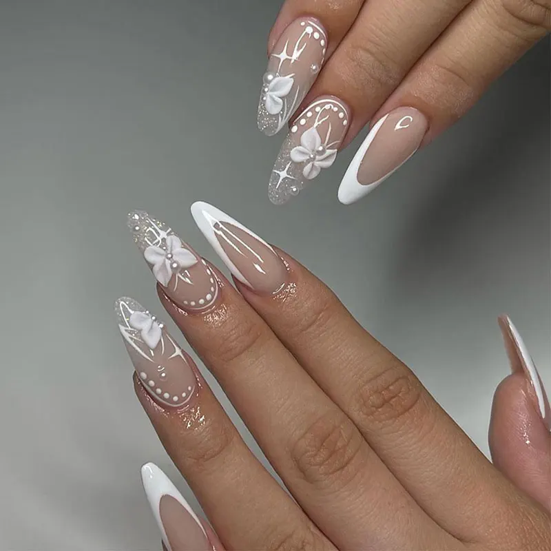 24pcs/box3D bow wear nails white manicure internet celebrity Xiaohongshu pure desire star wear fake nails