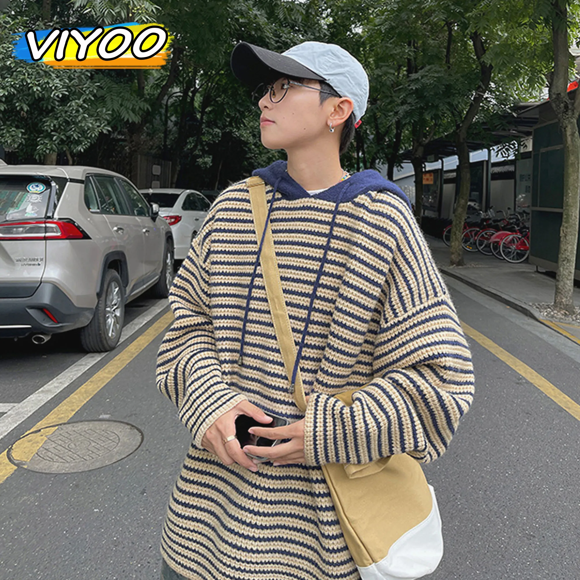 

Men's Y2K Vintage Hoodies Beige Hooded Coat Couple Striped Knit Sweater Sweatshirts Pullovers For Men Korean Clothes Streetwear