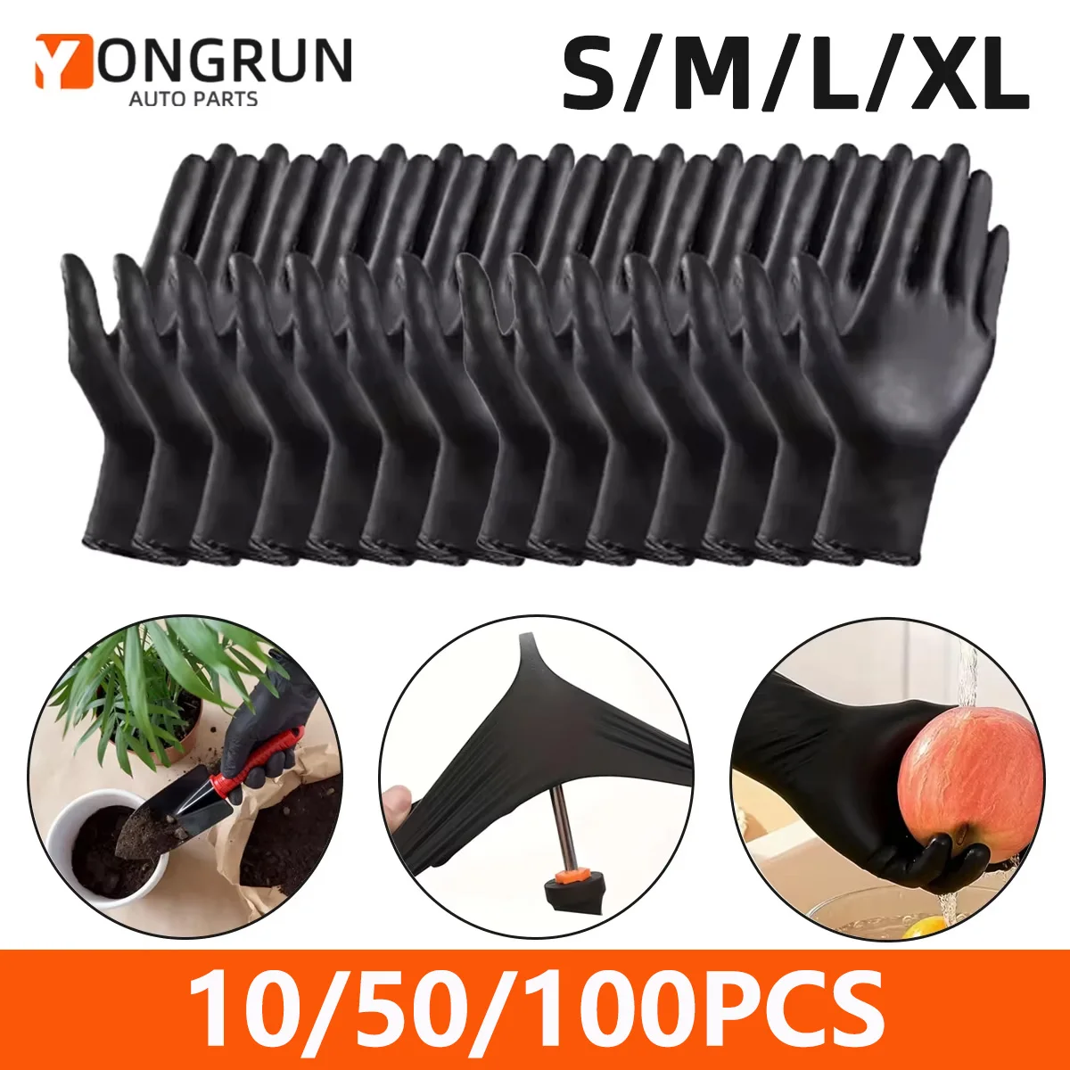 YONGRUN 10/20/50/100/200PCS Disposable Gloves Black Waterproof Nitrile Gloves Suitable For Kitchen Tattoo Cleaning And Car Care