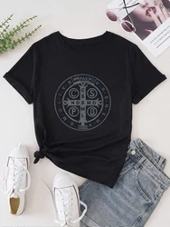 Catholic religious medal of Saint Benedict Christian T-shirt Tee Tops Printed O-neck Casual T-shirt Women's Clothing