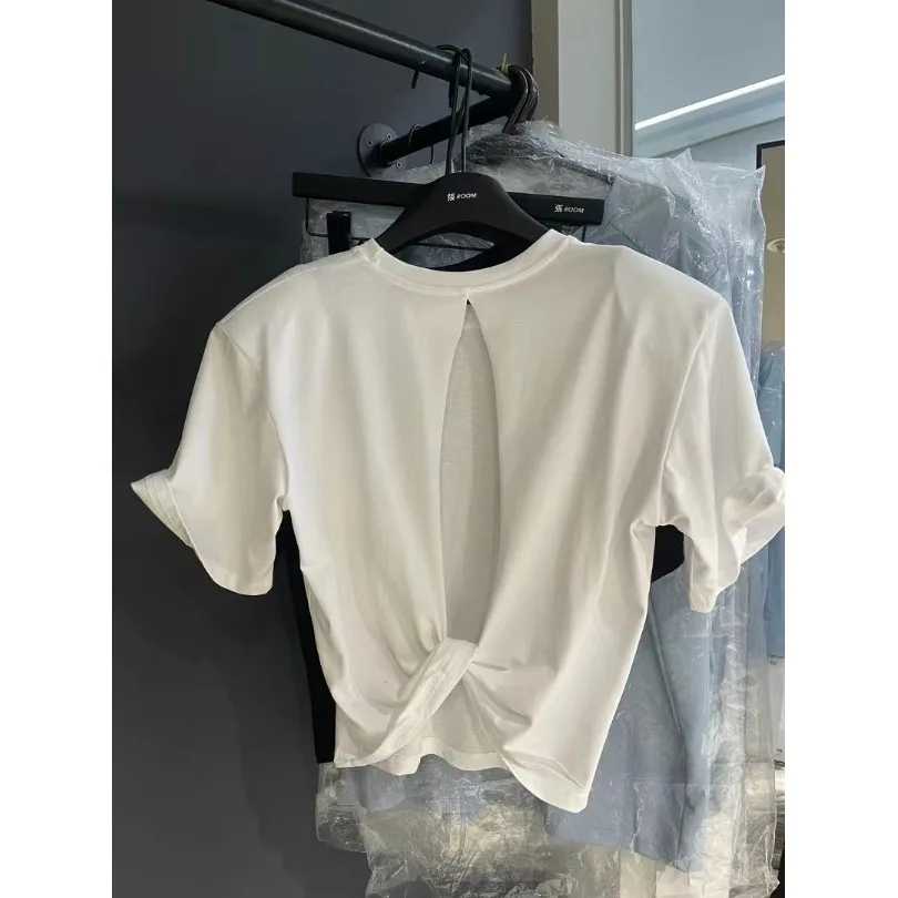 

Dongda Gate Summer New Faion Design Knot Hollow out round Ne Padded oulder ort Sve T-irt ort Sle Women's Top