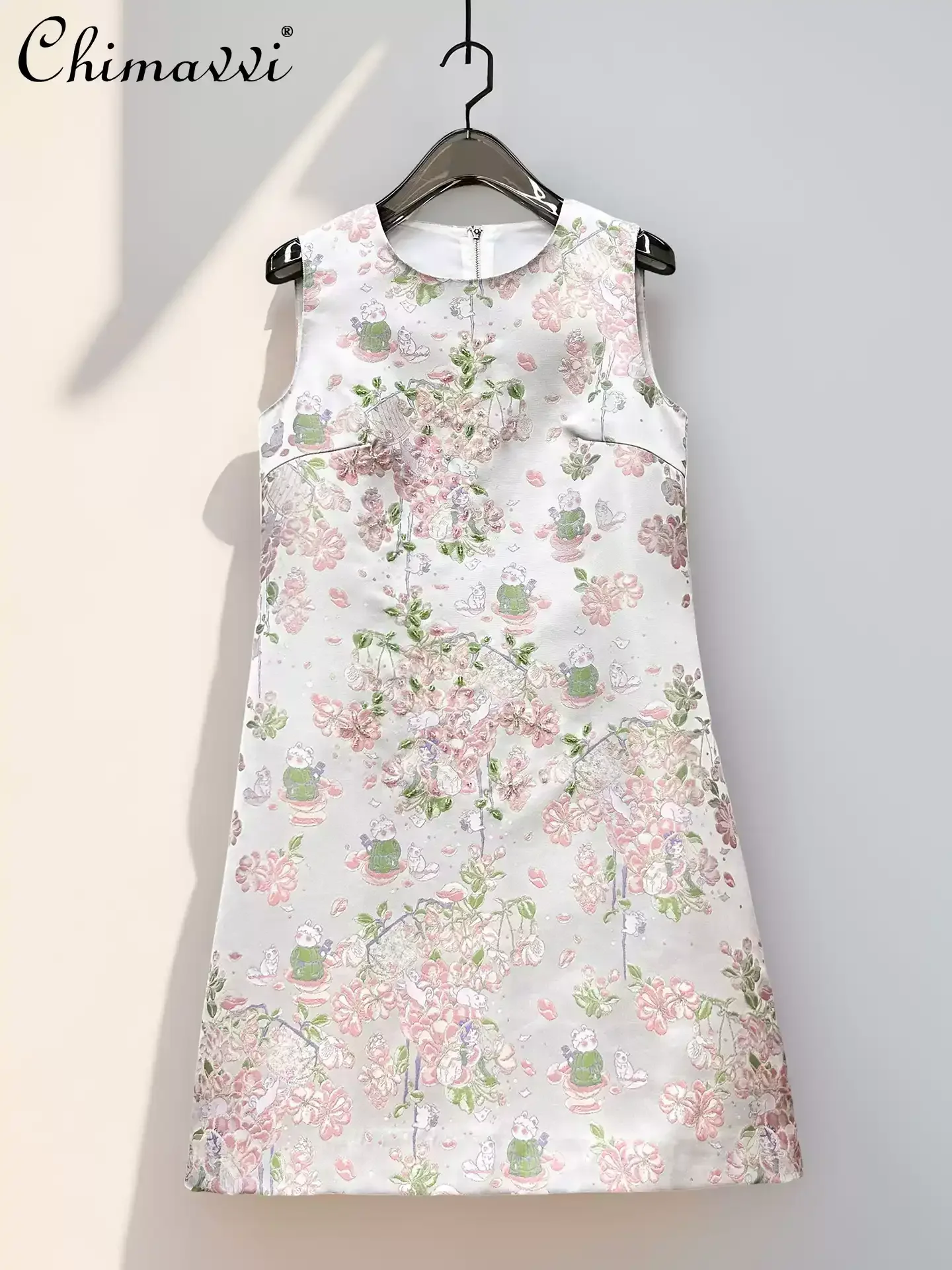 

French Style Elegant Fashion Round-neck Sleeveless Embroidered Beads High-waisted A-line Pink Short Dress for Women Summer 2026