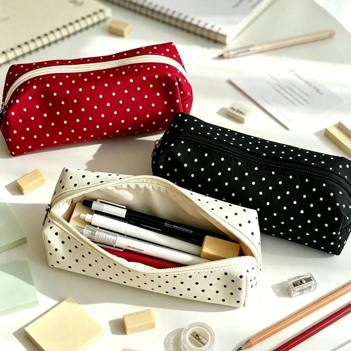 Canvas Korean polka dots simple junior high school female students pencil case large capacity ins style stationery box storage