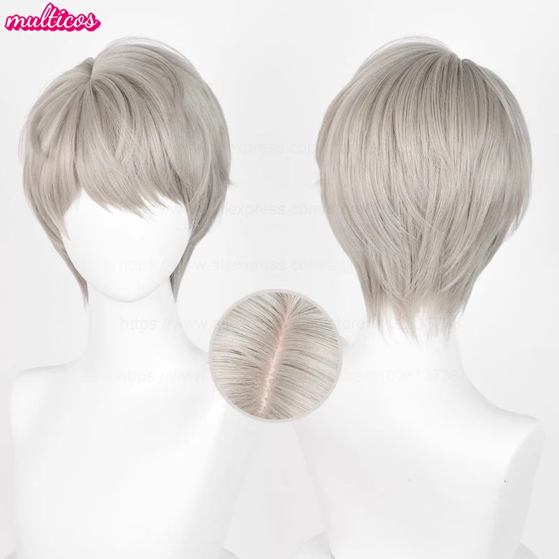 วิกผมคอสเพลย์ Xavier สีเทาลินินสั้น ทนความร้อน สำหรับงานปาร์ตี้ฮาโลวีน อนิเมะ เกม พร้อมหมวกคลุมผม