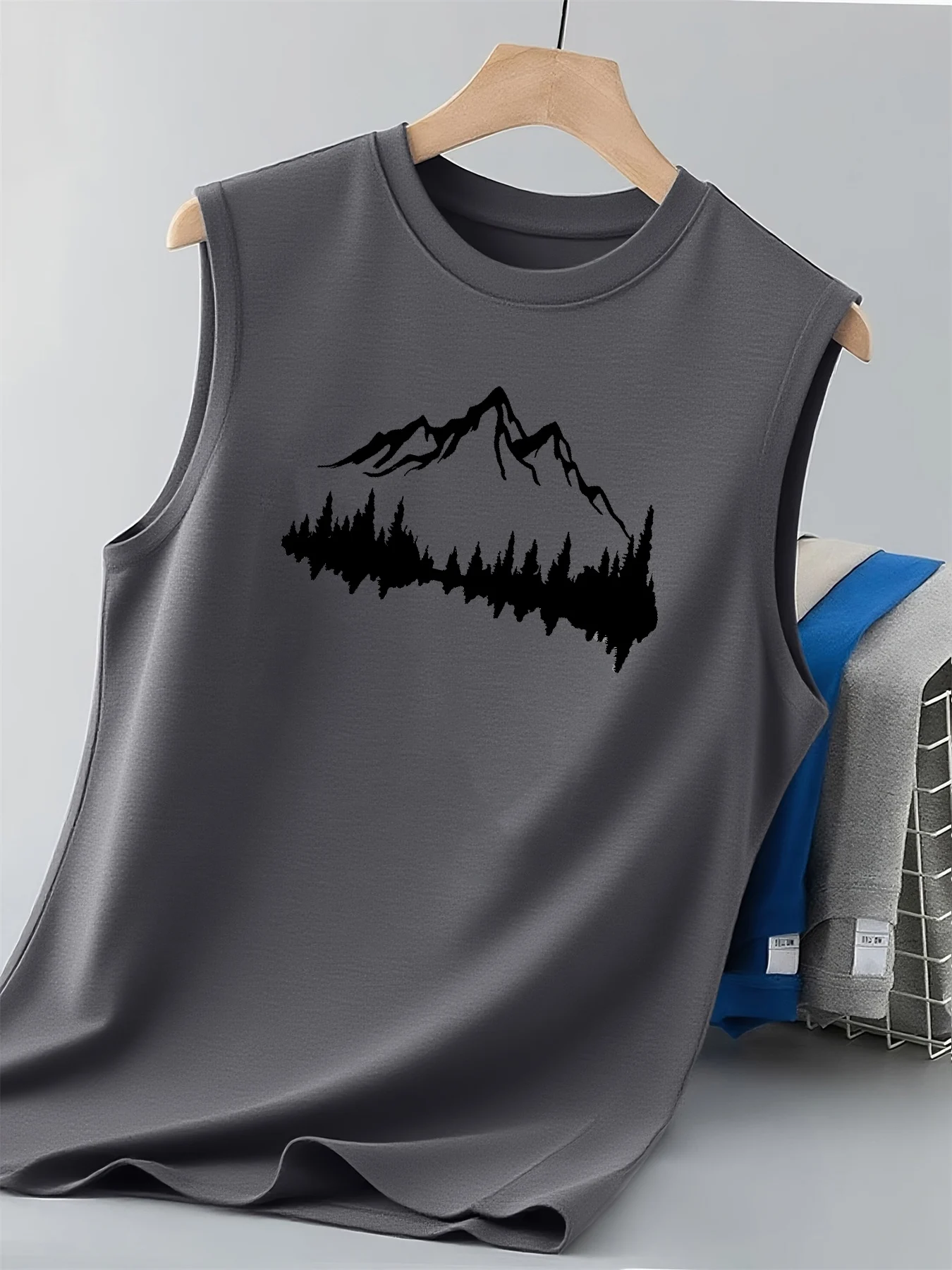 100% pure cotton men's summer fashionable casual loose mountain reflection printed fitness breathable round neck sleeveless vest