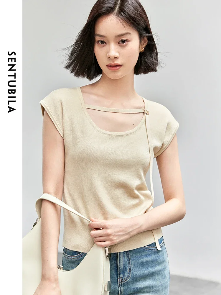 GENTUBILA-Pull en tricot à manches courtes pour femmes, col bas noué, coupe droite, mode estivale, W42H54796