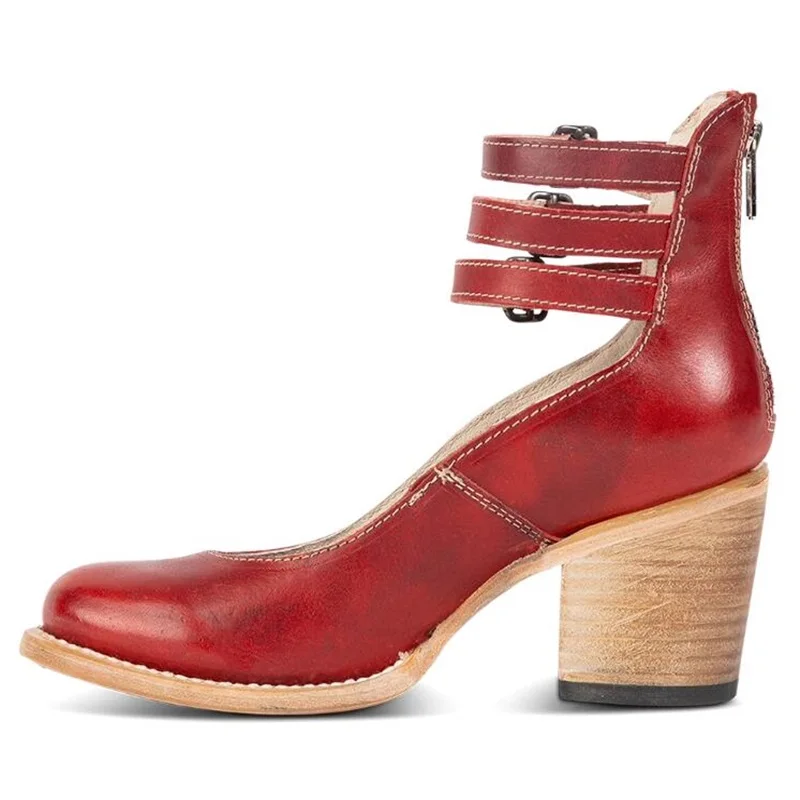 Belt Buckle Strap Mary Janes Shoes Retro Red Burnished Leather Chunky Heels Round Toe Women Shoes