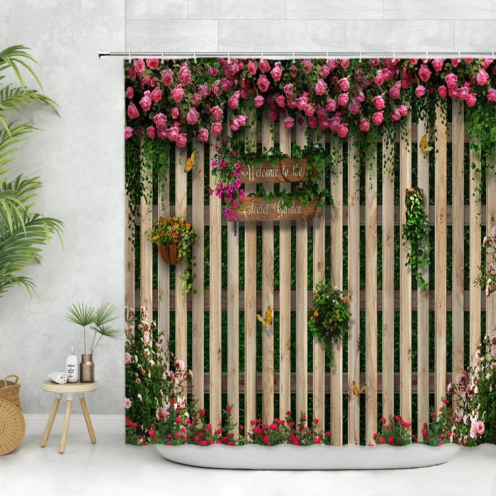 Wood Pattern Shower Curtain Set Romantic Flowers Rose Plant Home Decor Wall Screen Polyester Fabric Bathroom Curtain with Hooks