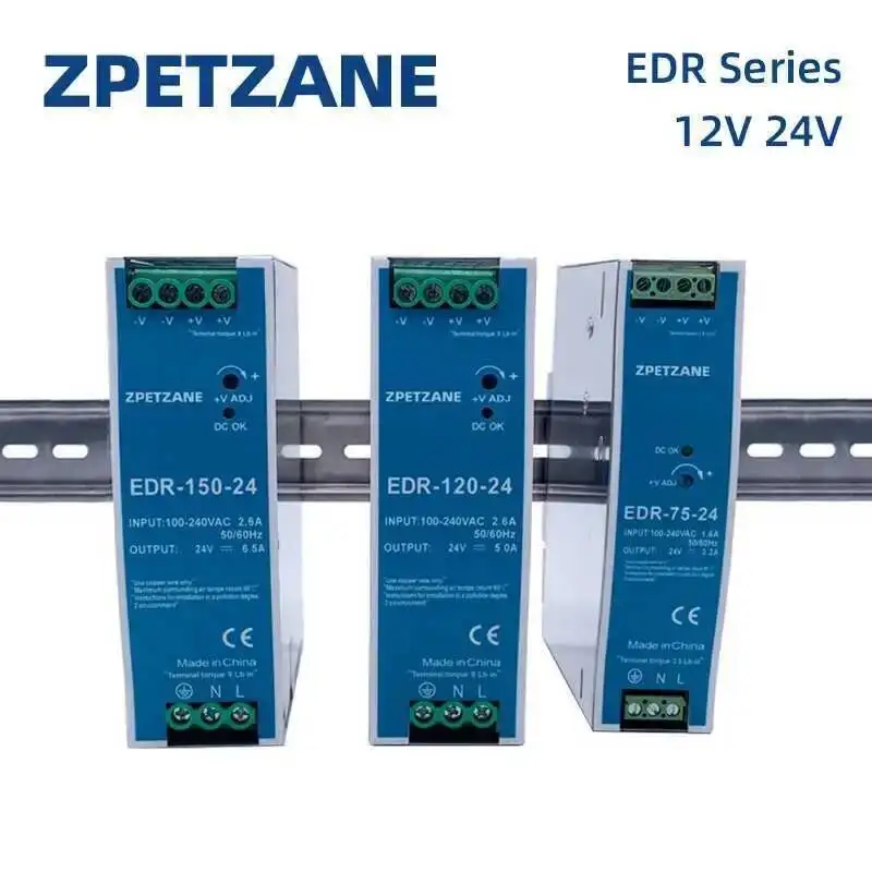 تحويل امدادات الطاقة محول محول ، إخراج واحد ، الصناعية ، التيار المتناوب إلى تيار مستمر ، الدين السكك الحديدية ، EDR-75W ، 120 واط ، 150 واط ، 24 فولت المصدر ، 12 فولت