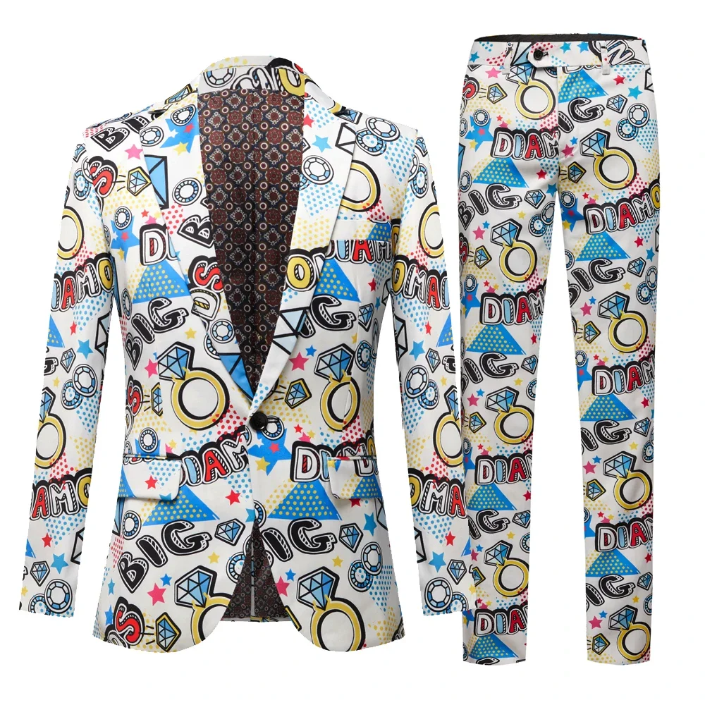 

New Men's Fashion Suit Party Coat Casual Slim Fit Blazer Buttons Suit 3D Floral Print Painting Blazers Jacket Men Blue 2PCS