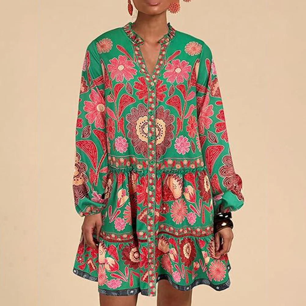 Frauen Ethnische All-over Blumen Druck Boho Lange-sleeve Geknöpft Lose anliegende Frauen Blume Blumen Druck Kleid Herbst