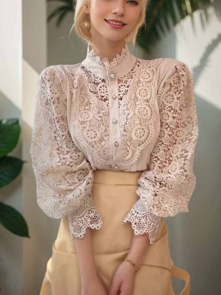 패션 홀로우 아웃 레이스 패치워크 여성 셔츠 오피스 레이디 우아한 꽃잎 소매 블라우스 봄 긴 소매 스탠드 칼라 탑스