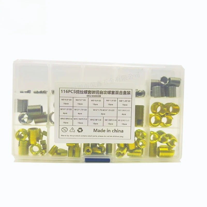 116Pcs Mixed Assortment Kit, Carbon Steel Self-Tapping Thread Inserts & 304 Stainless Steel Wire Thread Inserts M3-M12