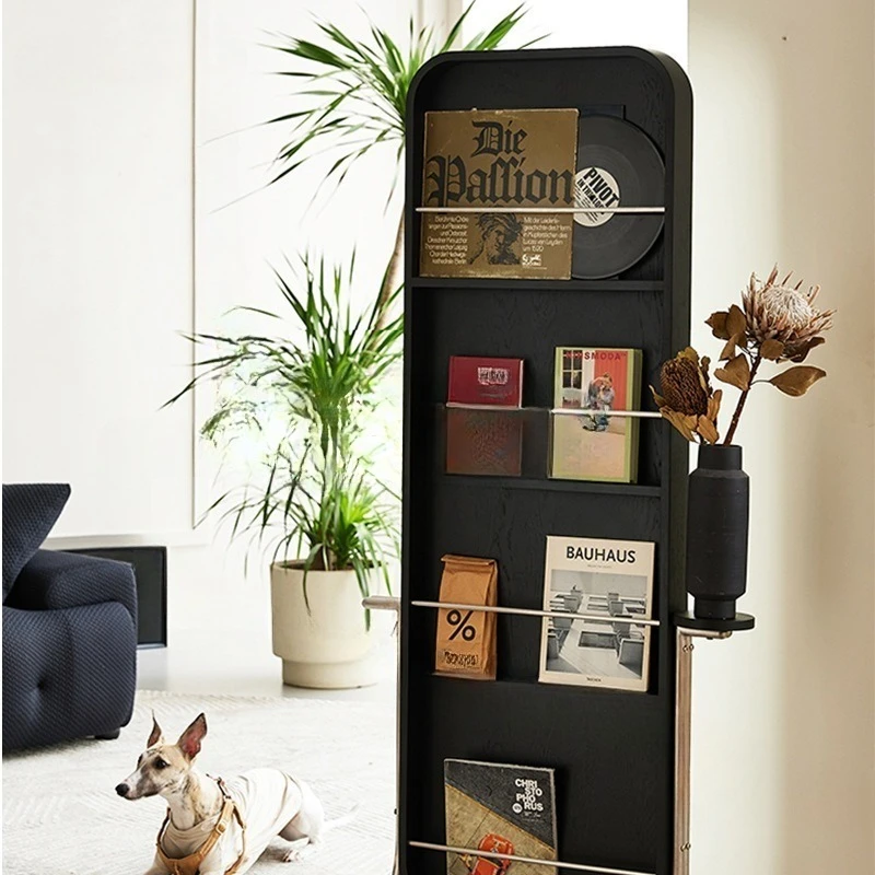 

full-body mirror, living room rotating floor mirror, household light luxury, black solid wood, magazine rack.
