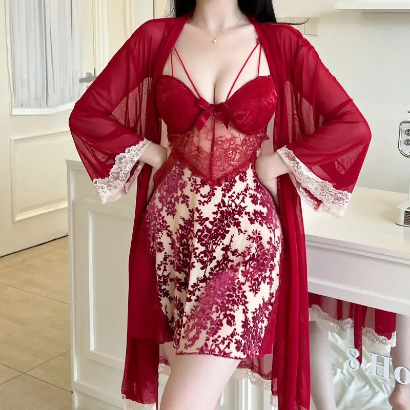 

Летний комплект из 2 предметов: сексуальное кружевное белье, шелковые атласные ночные сорочки и халаты для женщин, корейские халаты, пижамы, ночнушки, ночное платье 2026