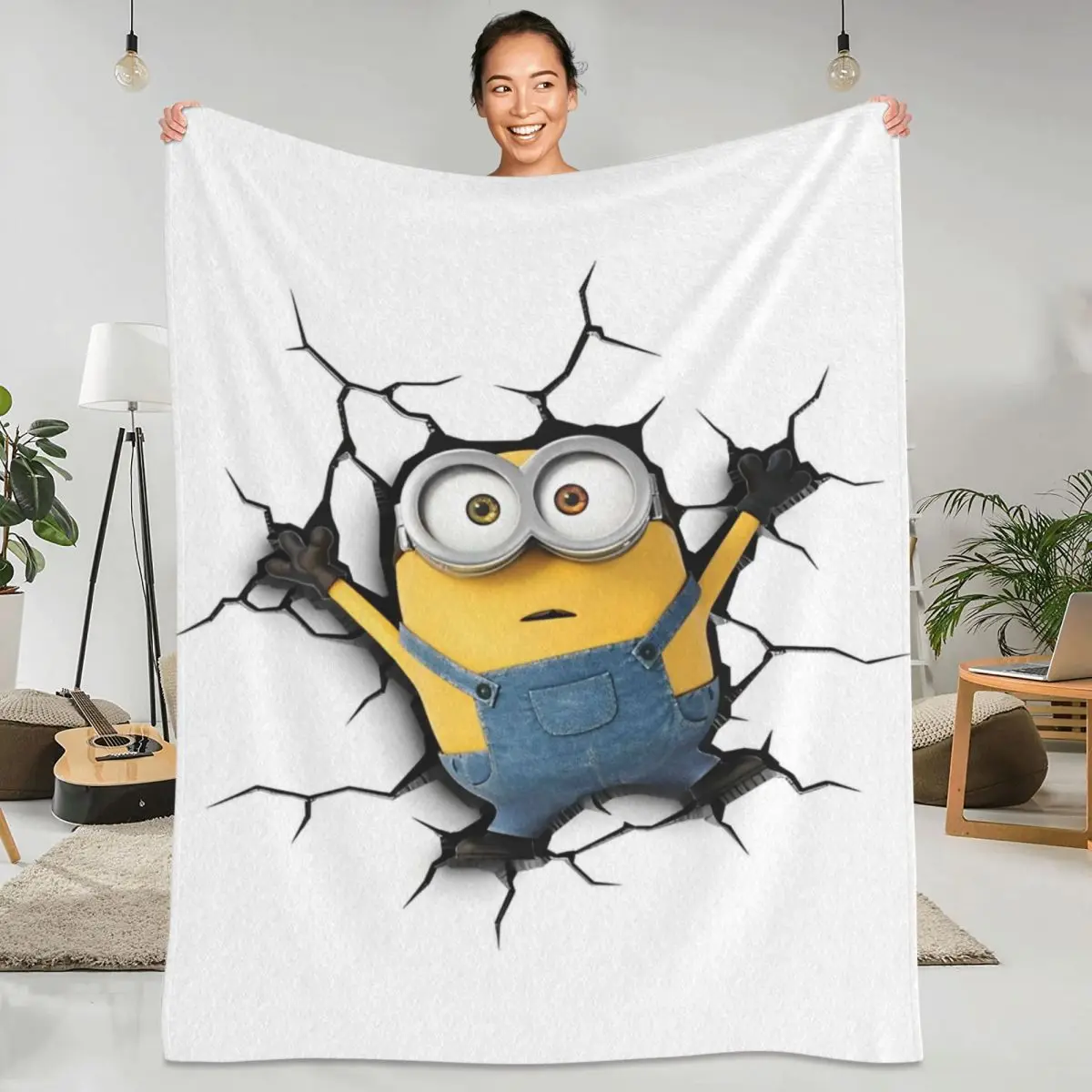 Warm Soft Blanket Camping Cute Minions Cartoon Bedding Throws Yellow Big Eyes Flannel Bedspread For Chair Funny Sofa Bed Cover