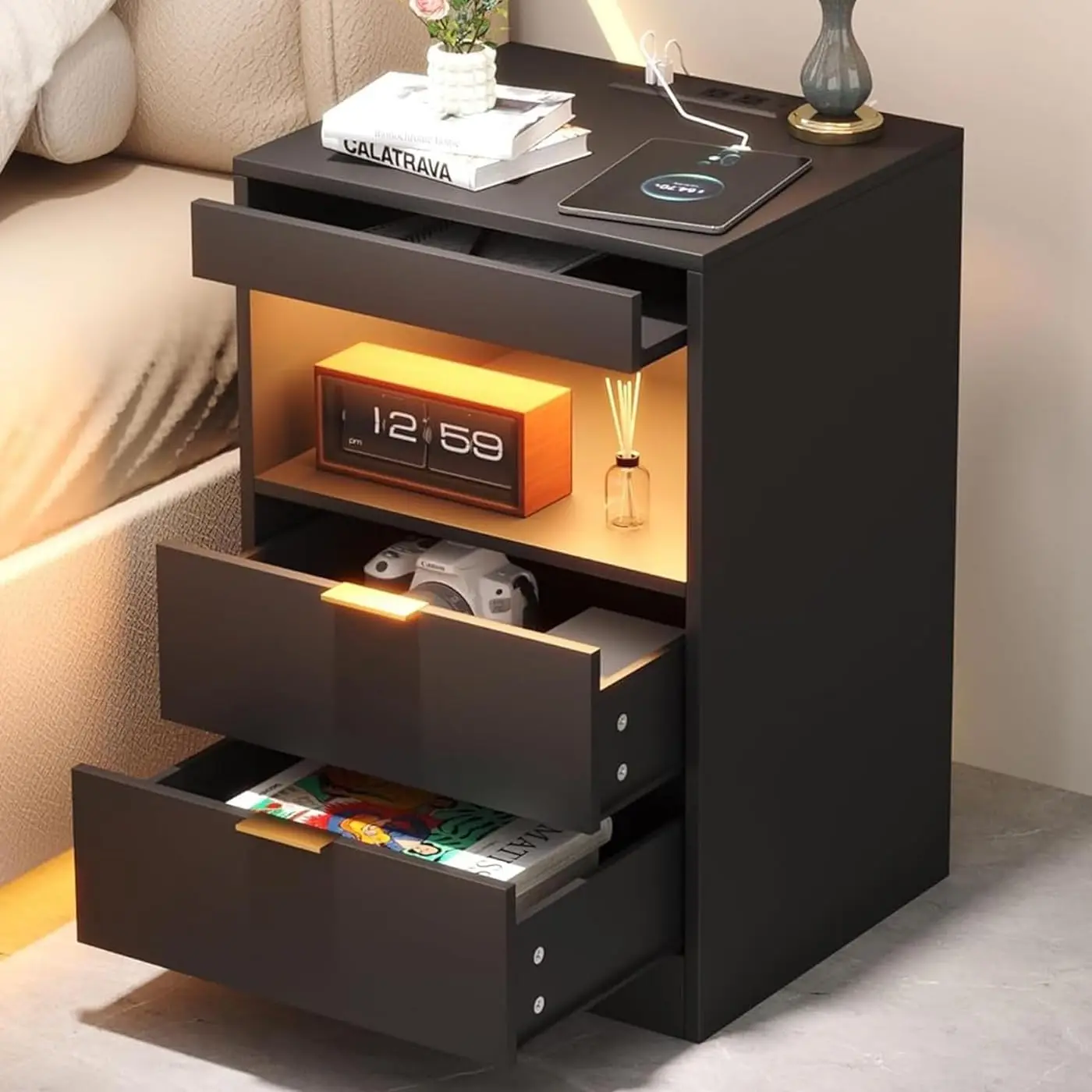

Bedside Table,LED Nightstand with Charging Station,Modern Night Stand,Wood Sofa Couch End SideTable with 2 Pull-Out Shelf (Black