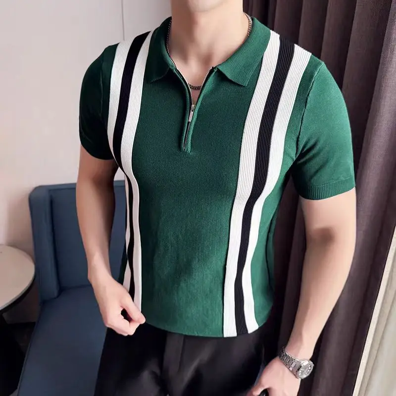 Summer Half-Zip British Lapel Slim Short Sleeve Knit Polo Shirt Men's Business Casual Top