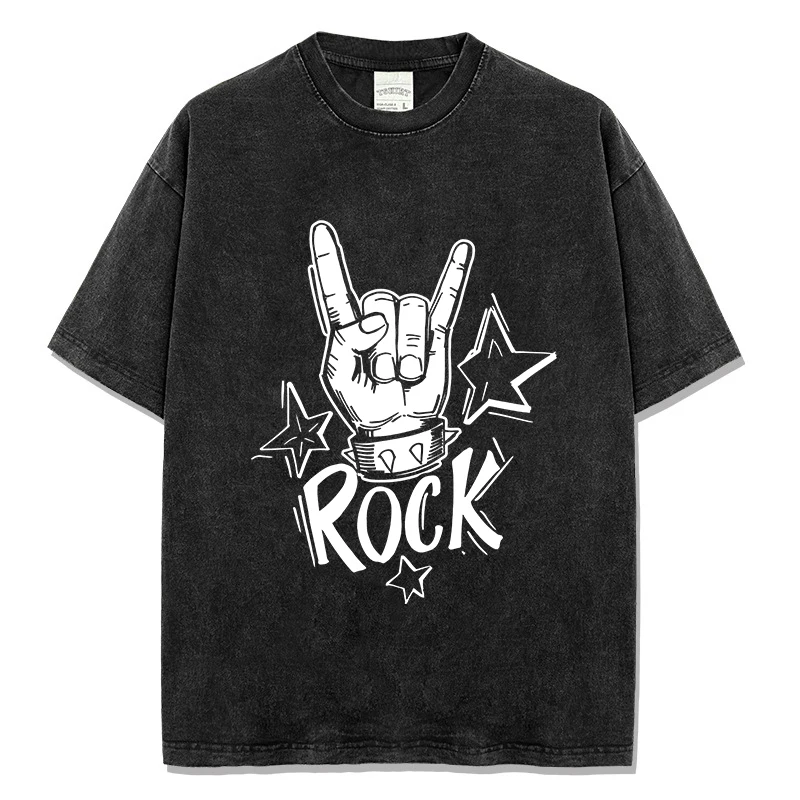 

Summer Men's Casual T-shirt Washed Color Designer Short Sleeve T Shirt Rock Gesture Print Pure Cotton Male Y2k Tops