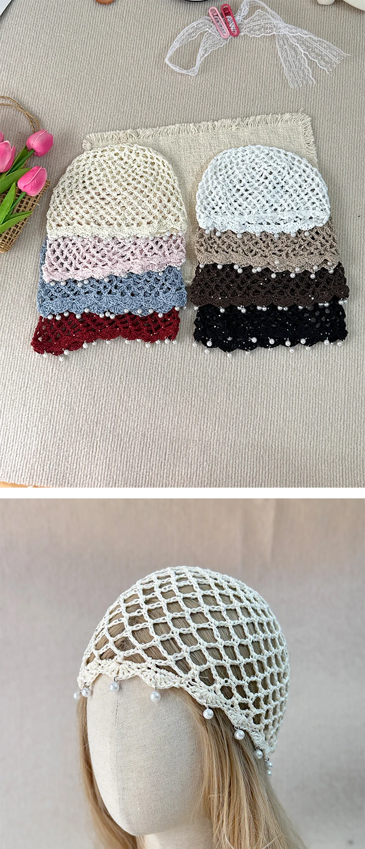 Bonnet filet au crochet femme avec perles décoratives