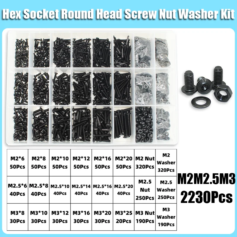 Komplettes 2510-teiliges M2 M2.5 M3 M4 M5 M6 Rundkopf-Innensechskantschrauben-Set 1840 10.9 Güteklasse Schwarze Innensechskant-Knopfkopfschrauben ISO7380 – Detail 8