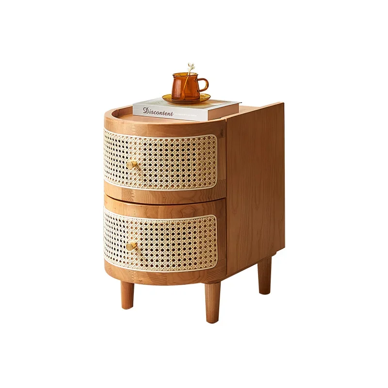 Solid wood rattan bedside table Japanese-style small side cabinet, simple Nordic wabi-**** wind side few small drawers storage c