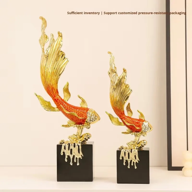 Koi Fish Metal Sculpture Ornament Set Modern Home Living Room Desktop Decorative Art Craft Red Gold Color With Black Square Base