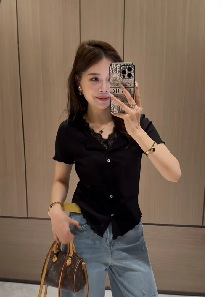 

Xuanxuanchen Весенняя новинка: Женский кардиган с коротким рукавом, кружевными вставками и открытым передом, повседневный, стандартной длины, кружевной топ