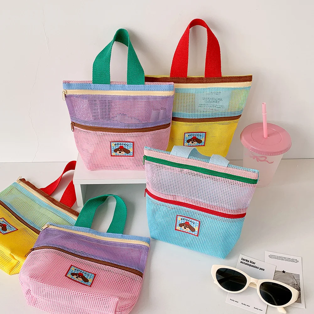 

Mesh Tote Bag Korean Version Summer Beach Tote Bag Contrasting Color Small Makeup Bag Storage Toiletry Bag Student Handbag