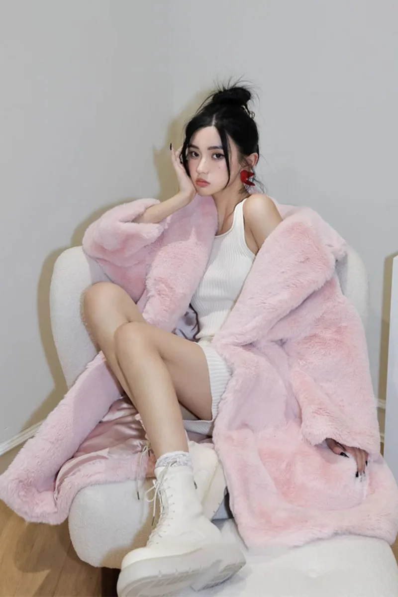 Autumn Winter New High-end Pink Long Loose Thick Large Lapel Slim-fit Fur Coat Sweet Temperament Long Sleeve Jacket Women