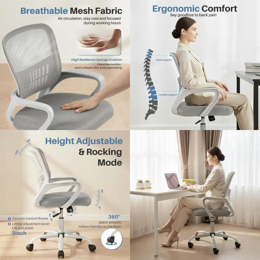 

Ergonomic Mid-Back Swivel Chair with Lumbar Support and Rocking for Home Office, Grey
