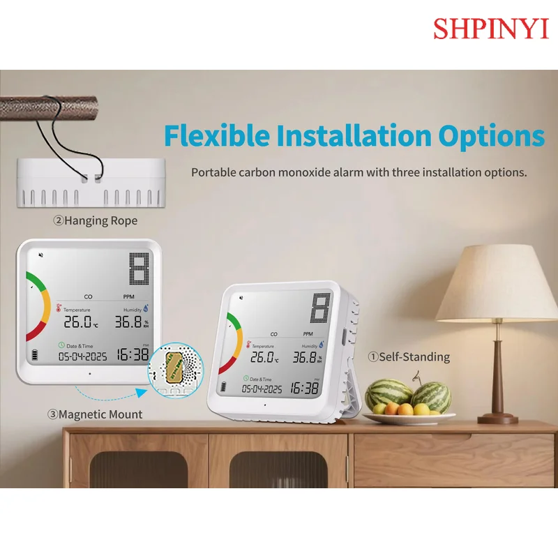 Detektor CO Detektor Karbon Monoksida Waktu Nyata dengan Sensor Suhu & Kelembapan Alarm Layar LCD USB Rumah Mobil Kantor Perjalanan